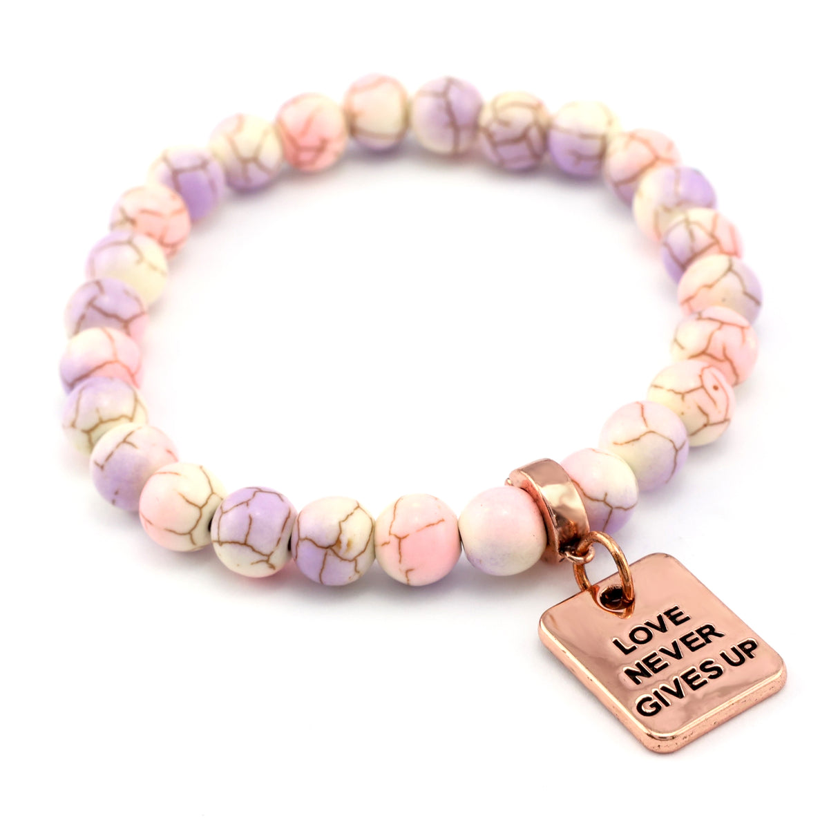 Stone Bracelet - Sugar Plumb Patch Agate Speckled Howlite 8mm Beads - With Rose Gold Charms