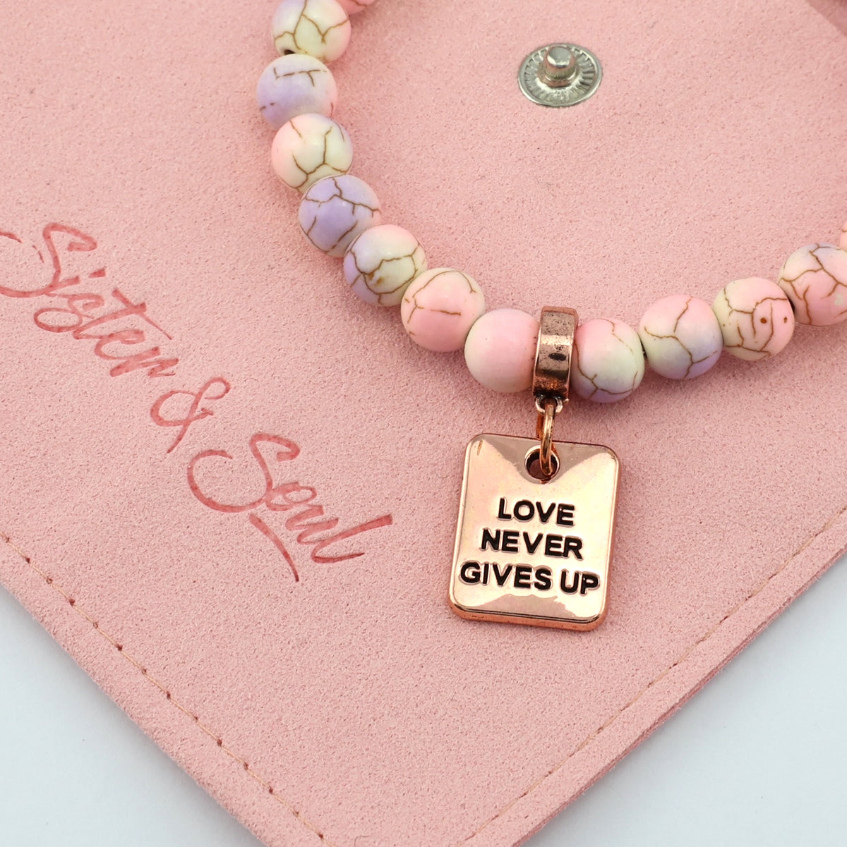 Stone Bracelet - Sugar Plumb Patch Agate Speckled Howlite 8mm Beads - With Rose Gold Charms