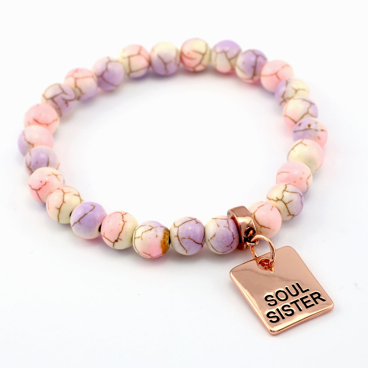 Stone Bracelet - Sugar Plumb Patch Agate Speckled Howlite 8mm Beads - With Rose Gold Charms