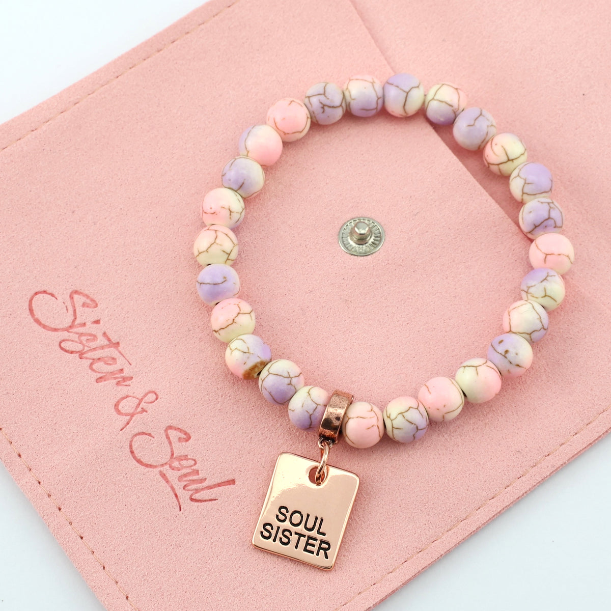 Stone Bracelet - Sugar Plumb Patch Agate Speckled Howlite 8mm Beads - With Rose Gold Charms