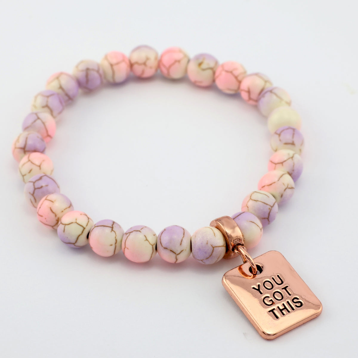 Stone Bracelet - Sugar Plumb Patch Agate Speckled Howlite 8mm Beads - With Rose Gold Charms