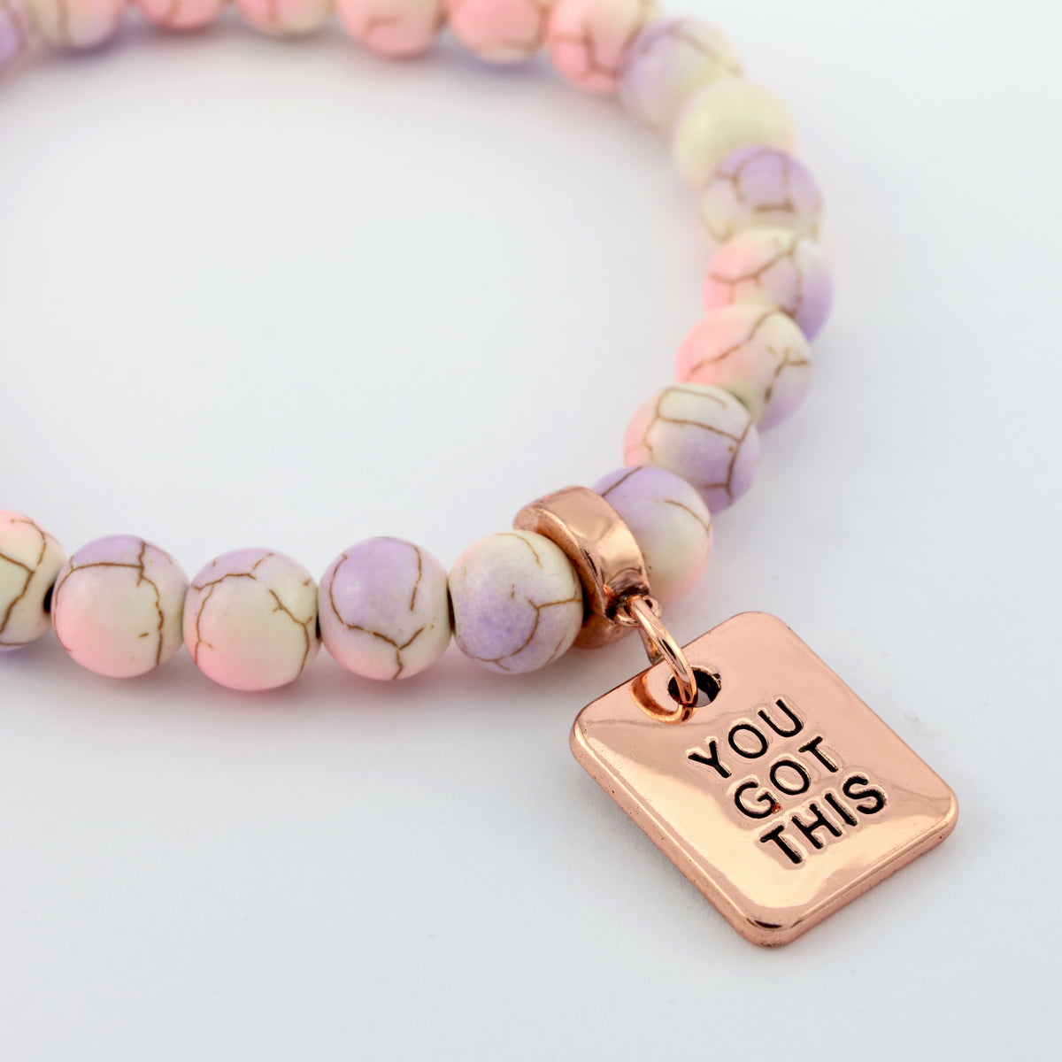 Stone Bracelet - Sugar Plumb Patch Agate Speckled Howlite 8mm Beads - With Rose Gold Charms
