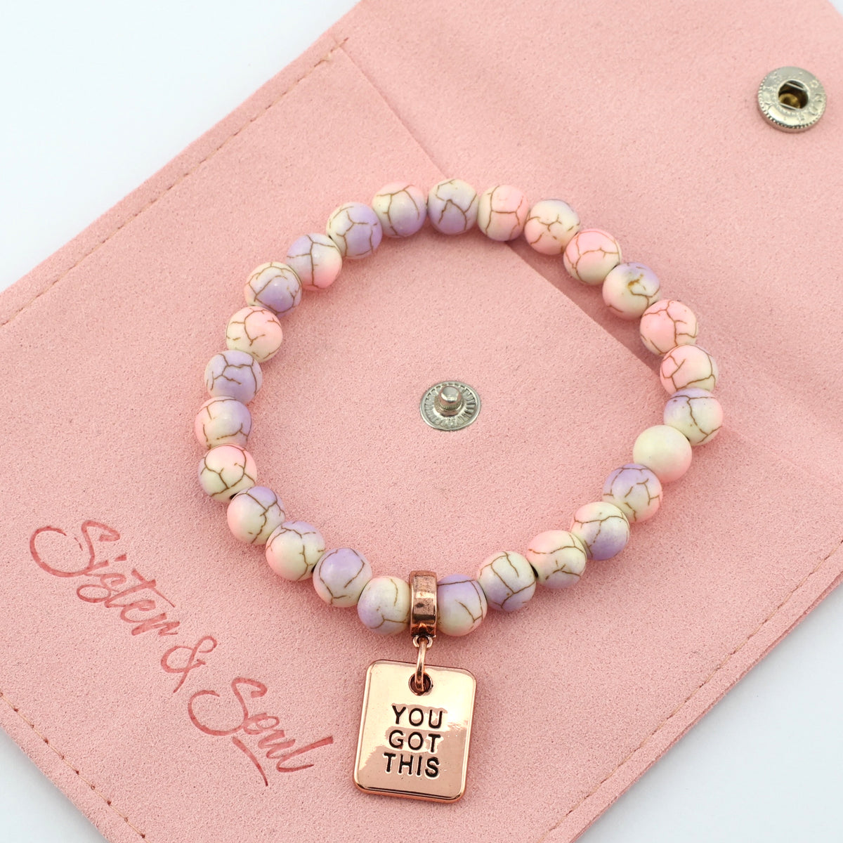 Stone Bracelet - Sugar Plumb Patch Agate Speckled Howlite 8mm Beads - With Rose Gold Charms
