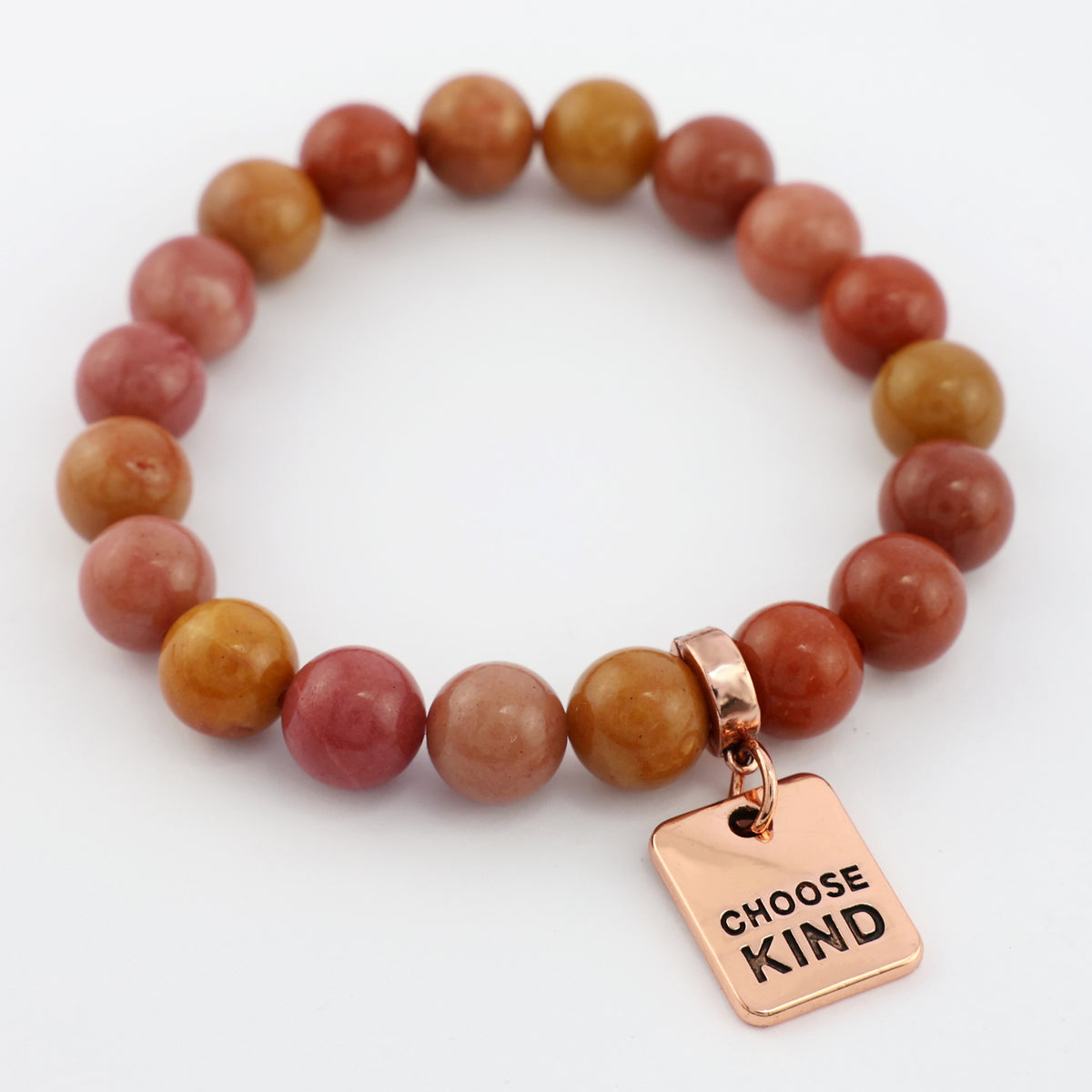 Stone Bracelet - Sunset Stone 10mm Beads - With Rose Gold Charms