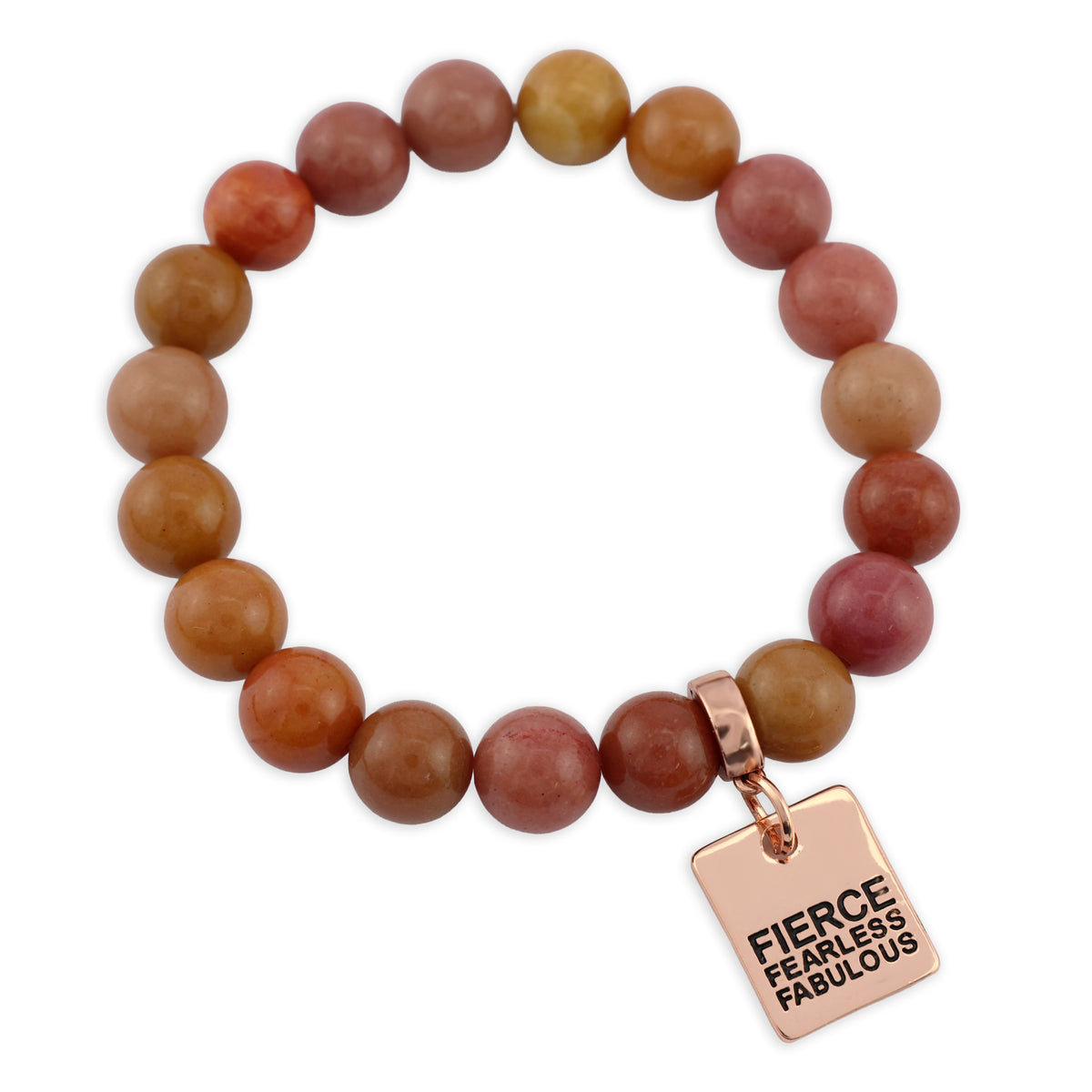 Stone Bracelet - Sunset Stone 10mm Beads - With Rose Gold Charms