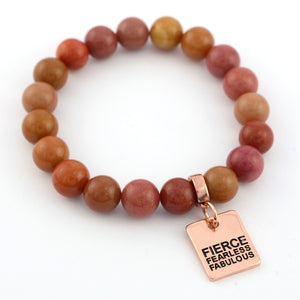 Stone Bracelet - Sunset Stone 10mm Beads - With Rose Gold Charms