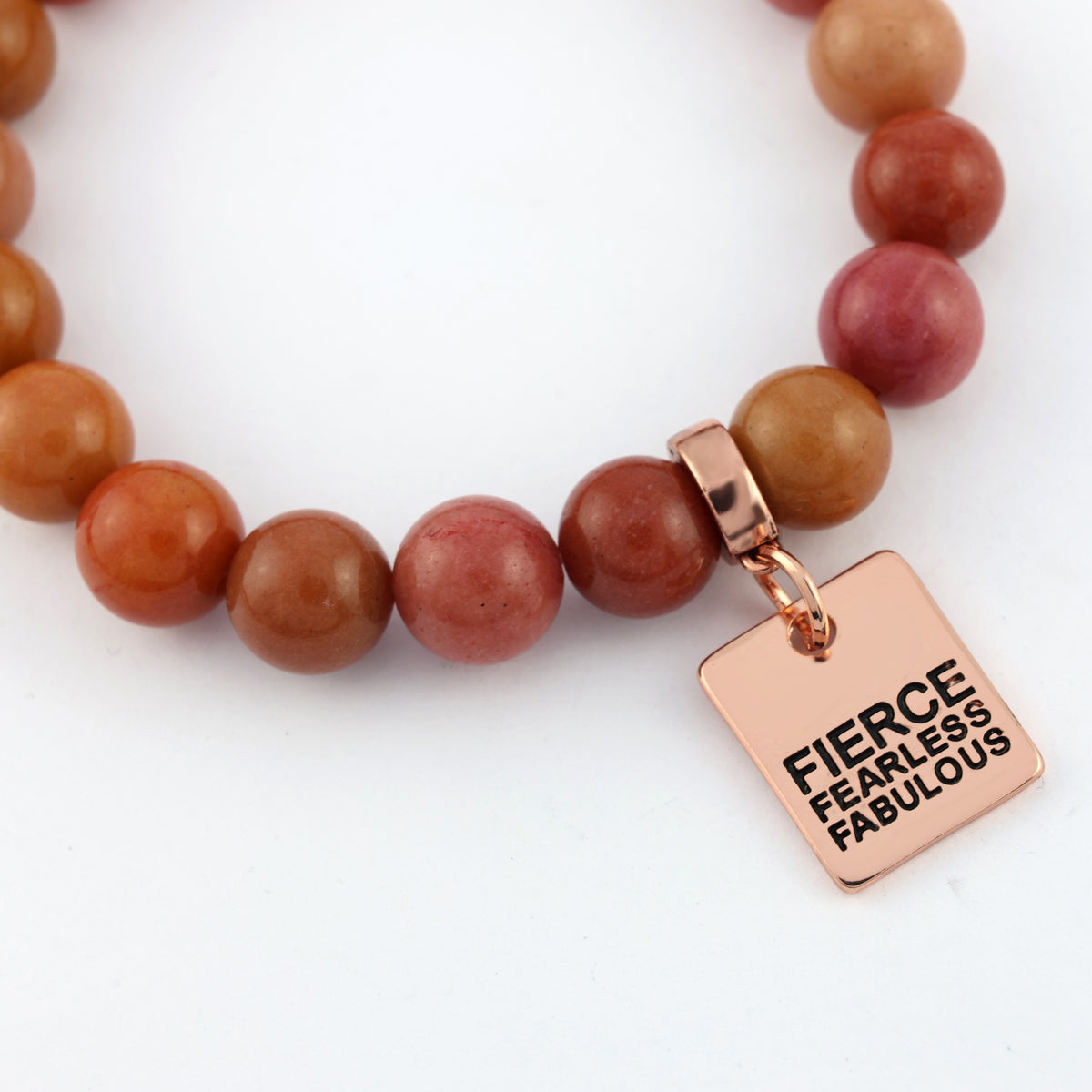 Stone Bracelet - Sunset Stone 10mm Beads - With Rose Gold Charms