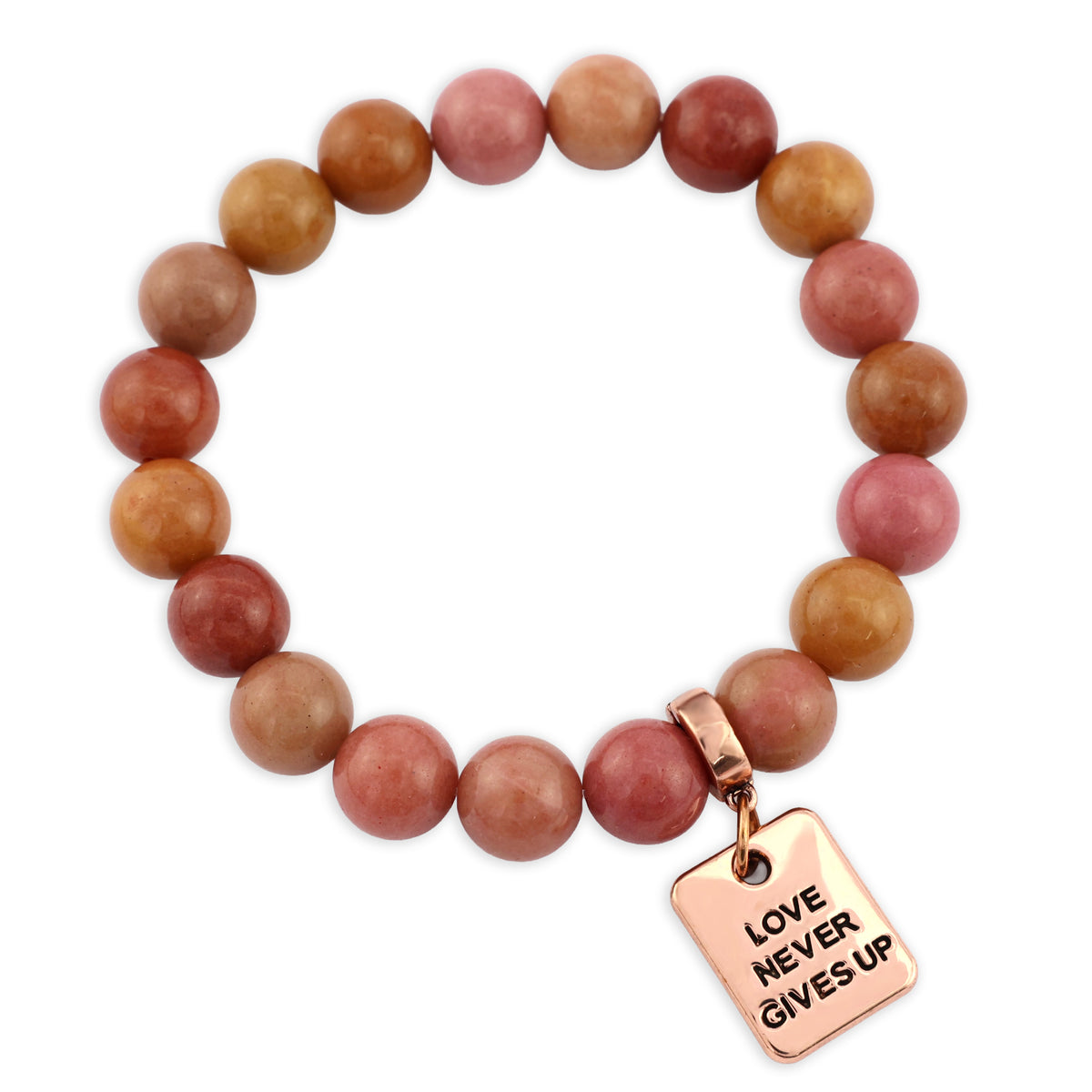Stone Bracelet - Sunset Stone 10mm Beads - With Rose Gold Charms
