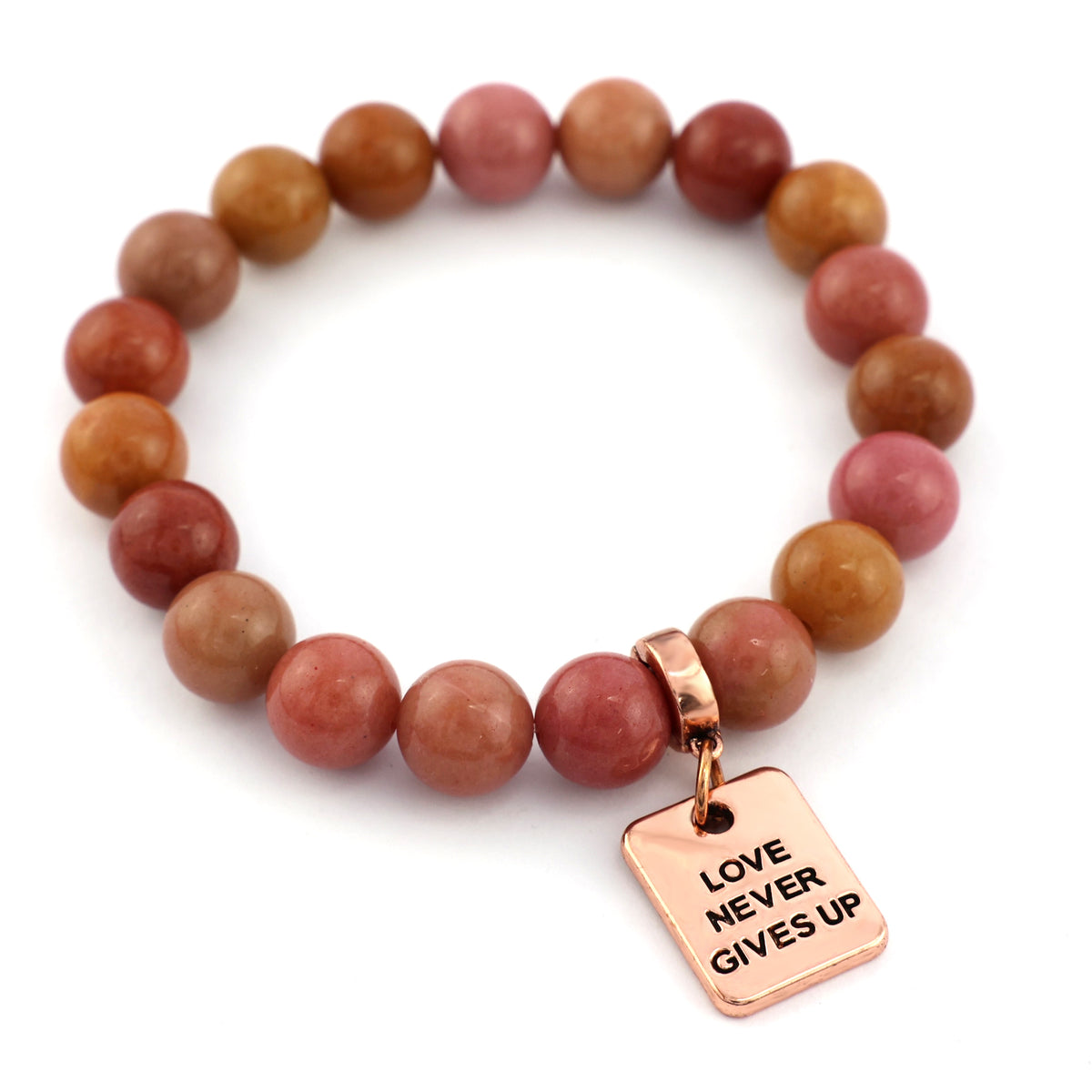 Stone Bracelet - Sunset Stone 10mm Beads - With Rose Gold Charms