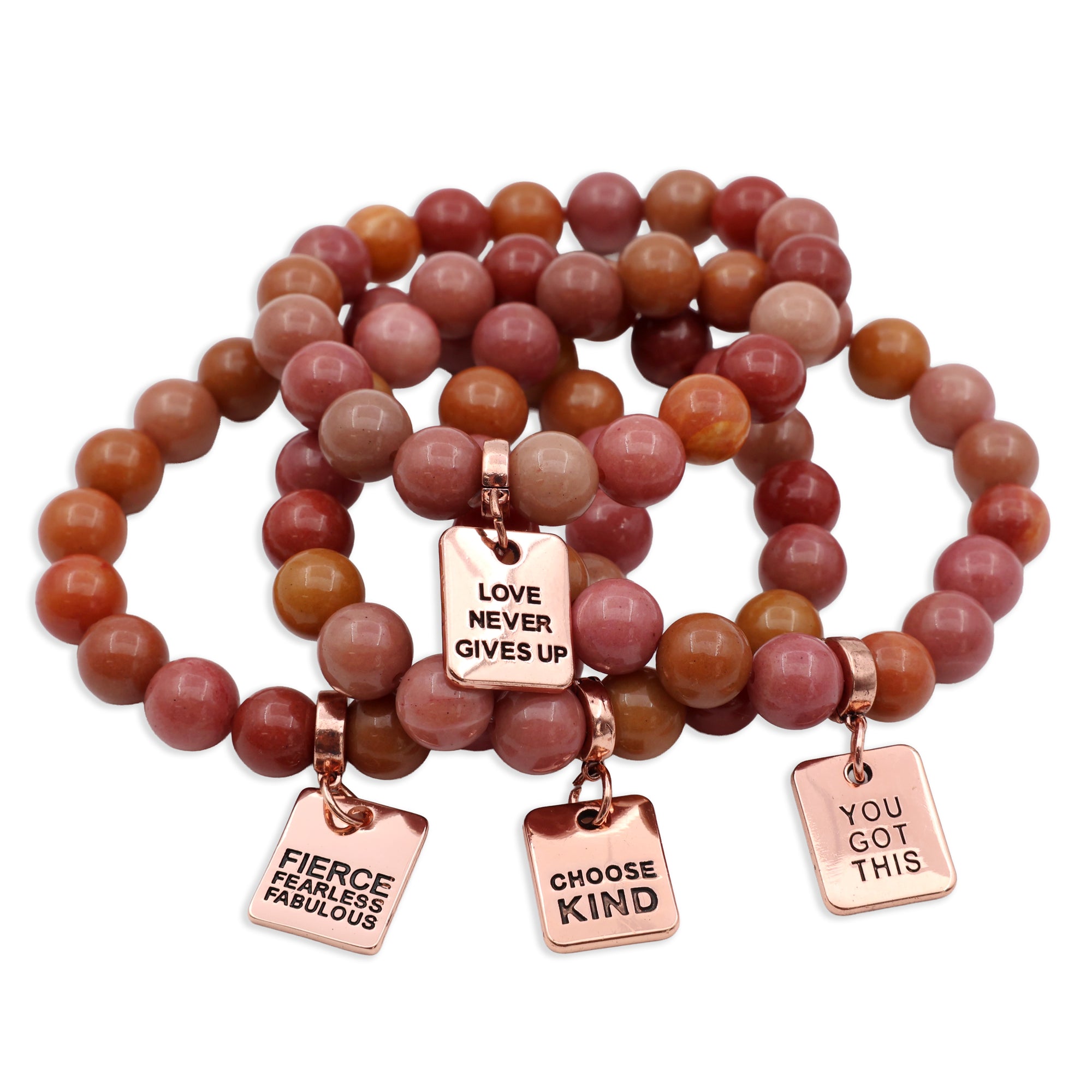 Stone Bracelet - Sunset Stone 10mm Beads - With Rose Gold Charms