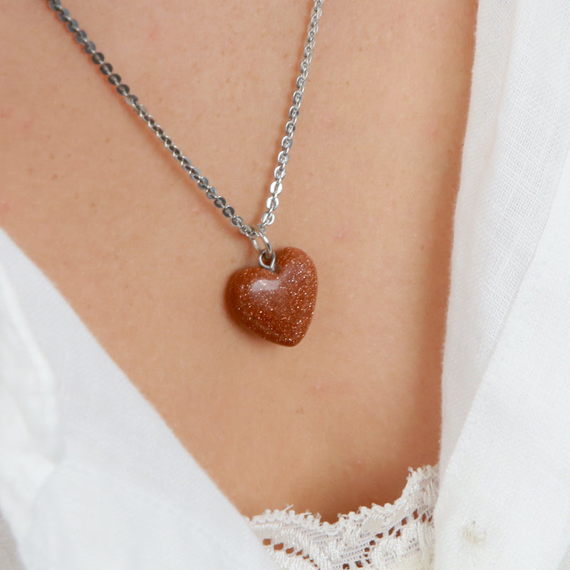 Sweetheart Stainless Steel Necklace - You Are Sunshine - Copper Sparkle Sandstone Heart (11423)