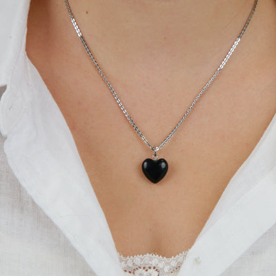 Sweetheart Stainless Steel Necklace - Love Just For You - Black Onyx Heart (11441)