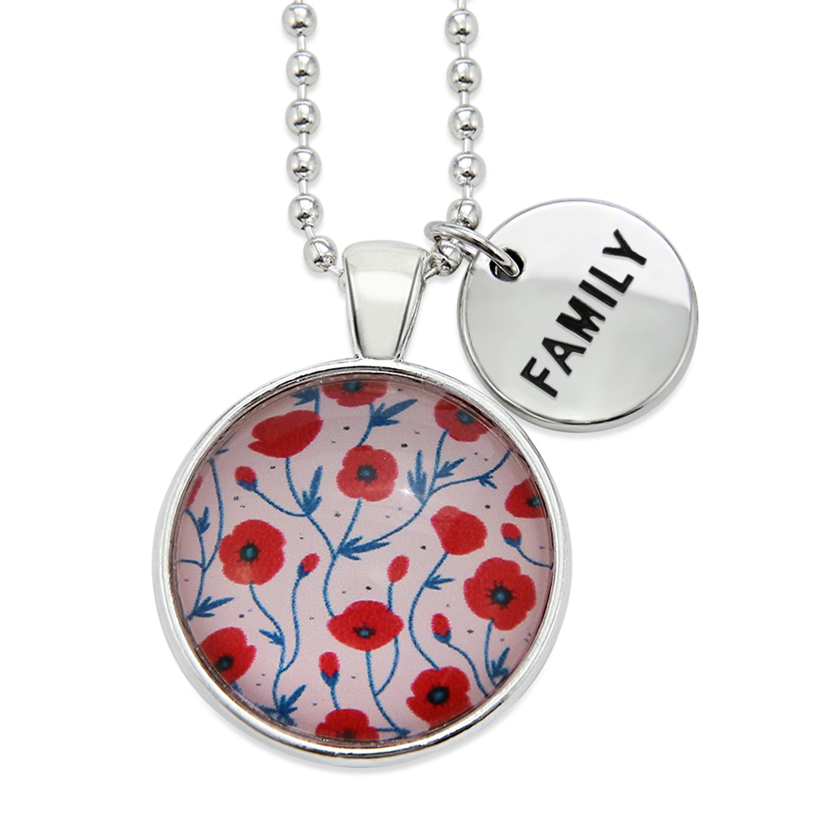 Necklace with floral pendant and 'FAMILY' charm on a white background