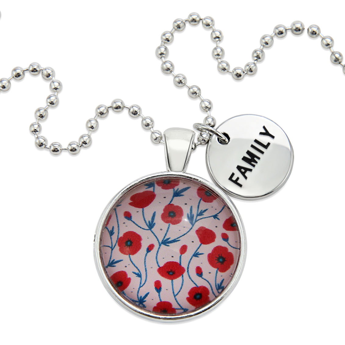 Necklace with floral pendant and 'FAMILY' charm on a white background