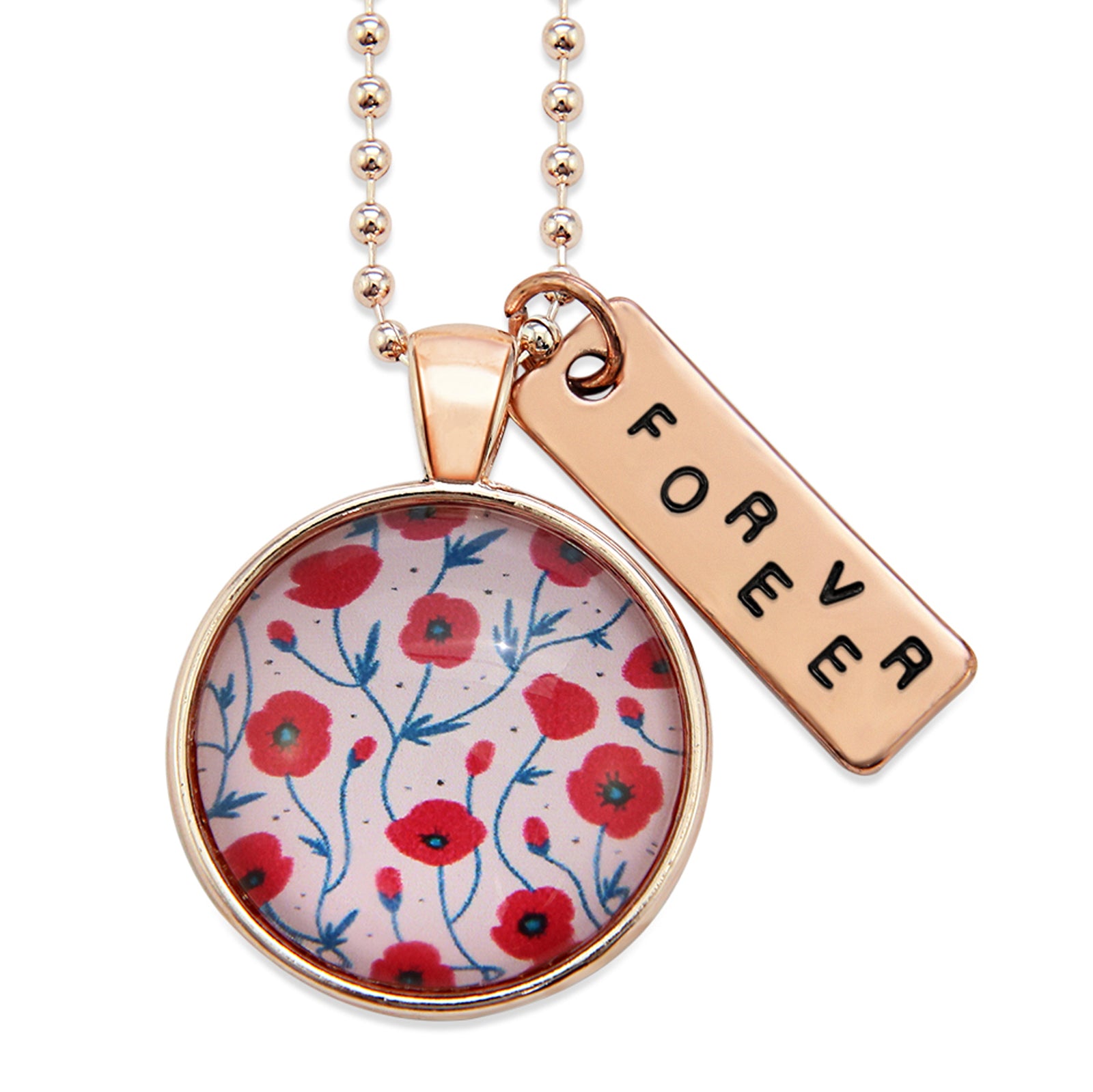 Necklace with floral pendant and 'FOREVER' tag on a white background