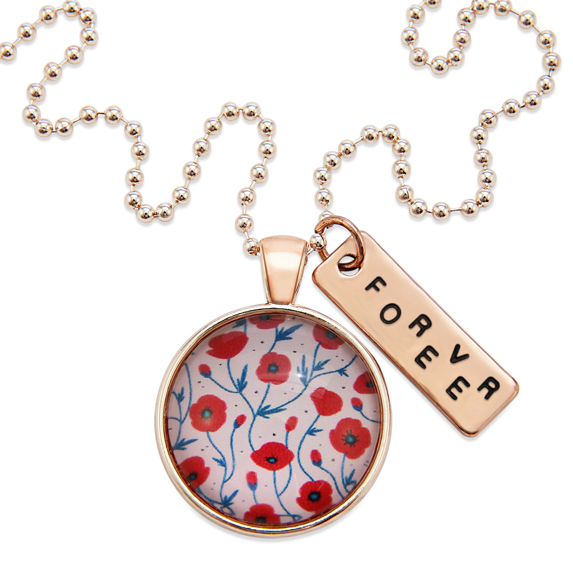 Necklace with floral pendant and 'FOREVER' tag on a white background
