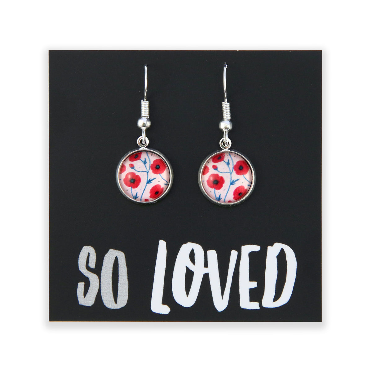 Pair of earrings with floral design on a black card with 'SO LOVED' text