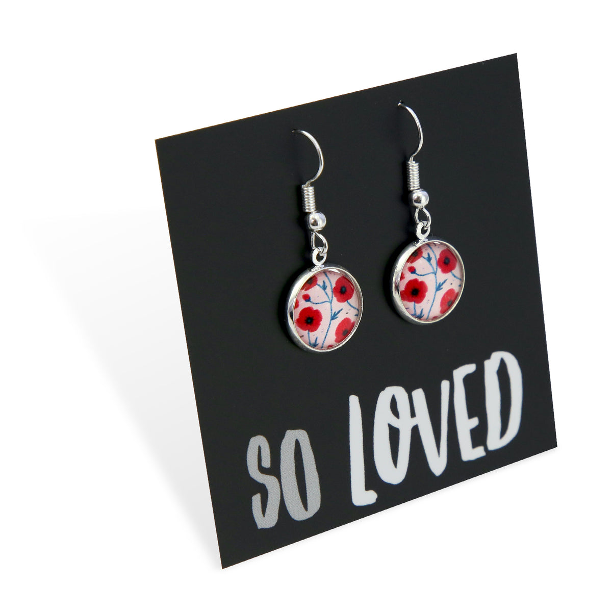 Floral earrings on a 'So Loved' card