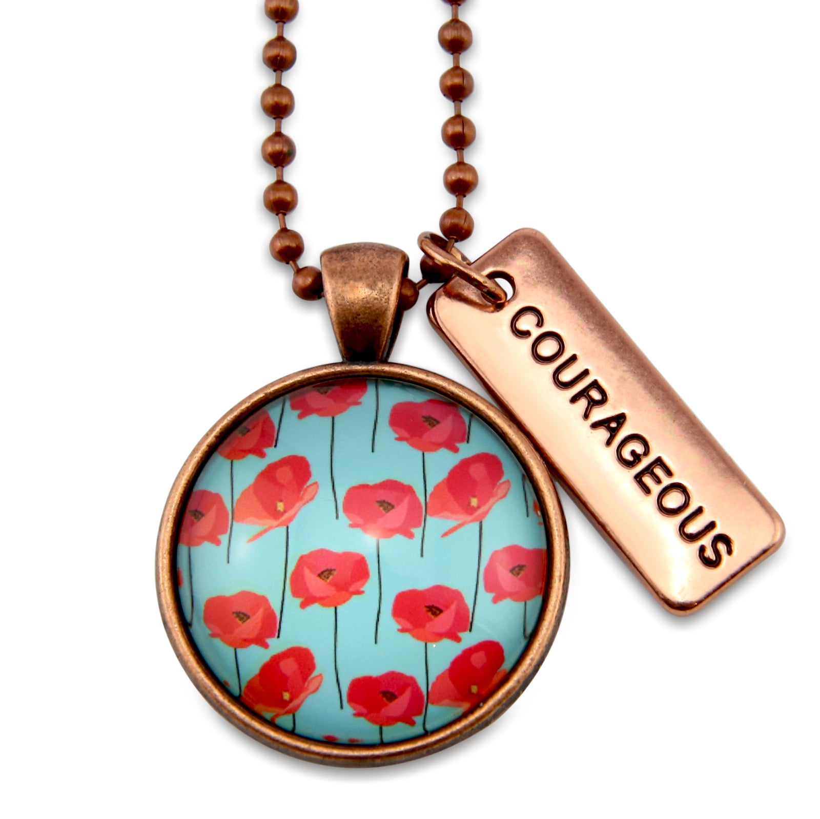 Necklace with floral pendant and 'COURAGEOUS' tag on a white background