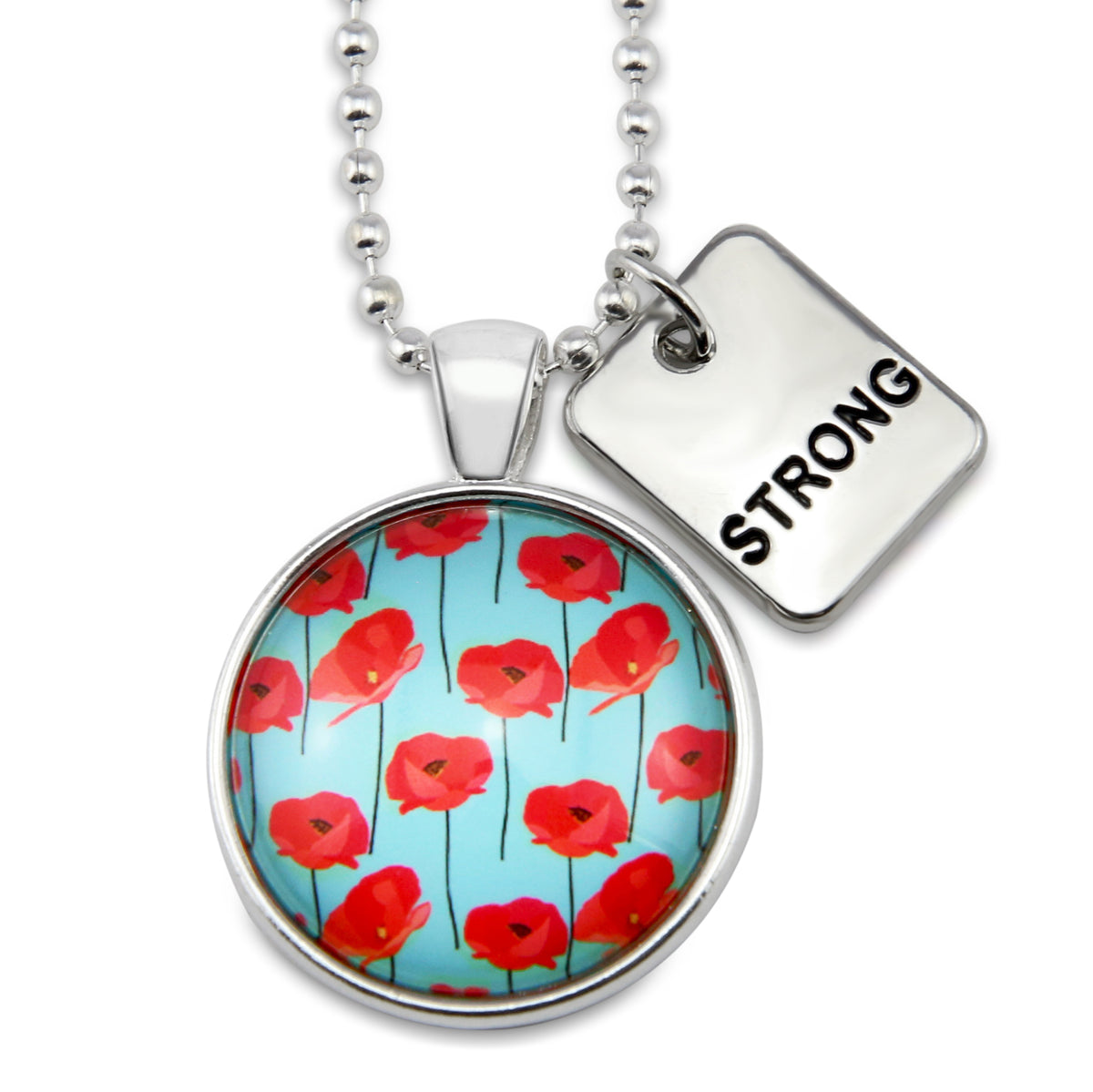 Necklace with red floral pendant and 'STRONG' tag on a white background