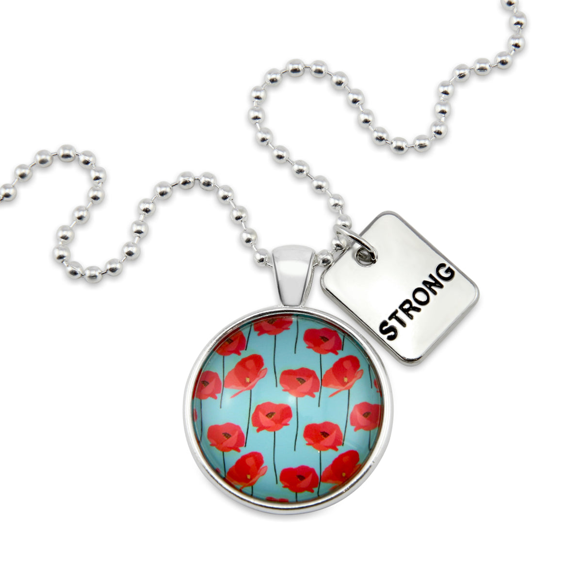 Necklace with pendant featuring red poppies and a 'STRONG' tag on a white background