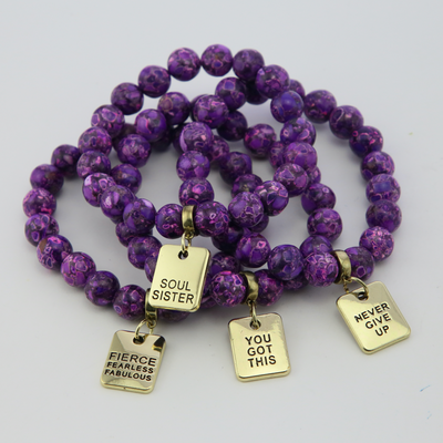 Precious Stone Bracelet - Purple Terrazzo Imperial Jasper 10mm Beads - With Vintage Gold Word Charm