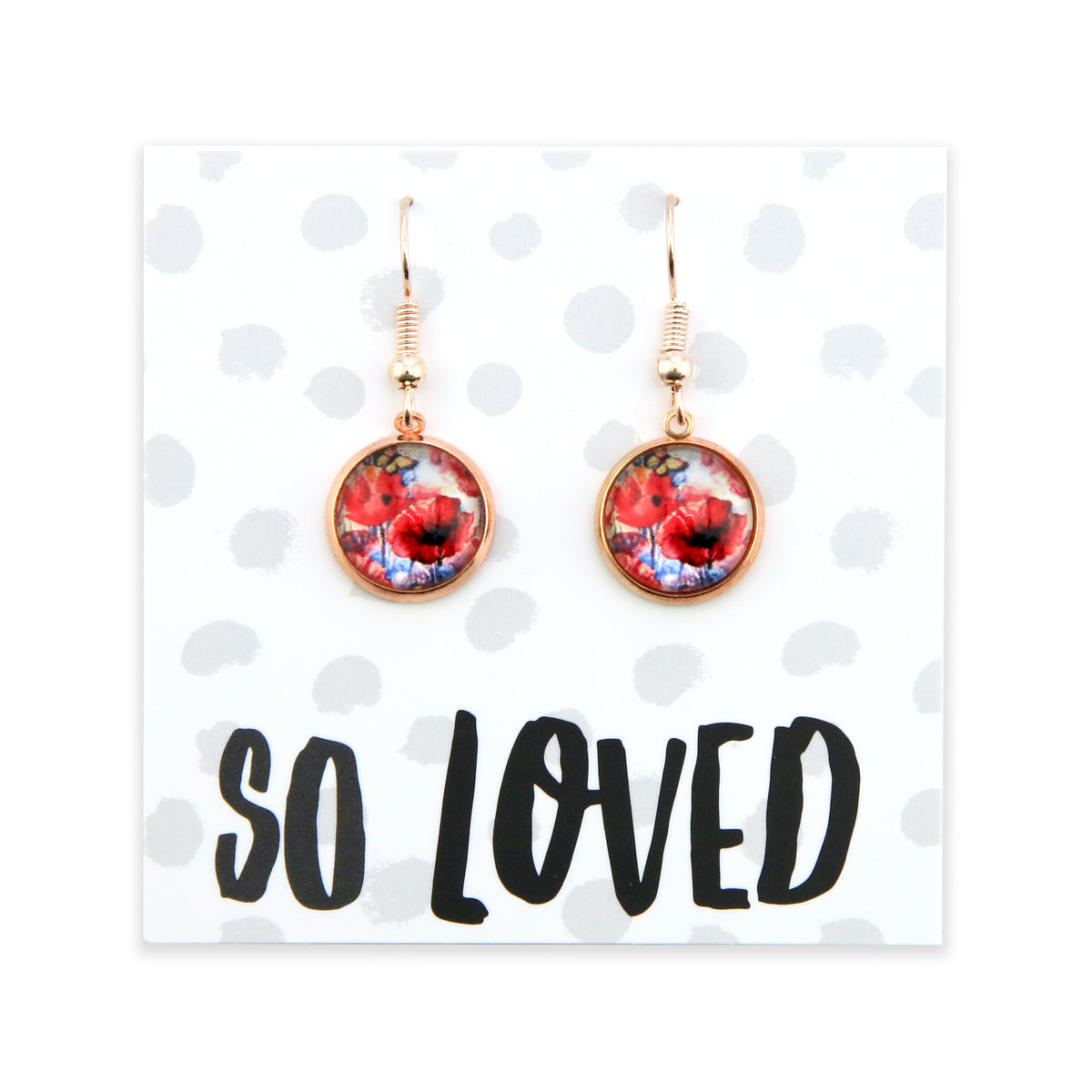 Pair of earrings with floral design on a 'So Loved' card