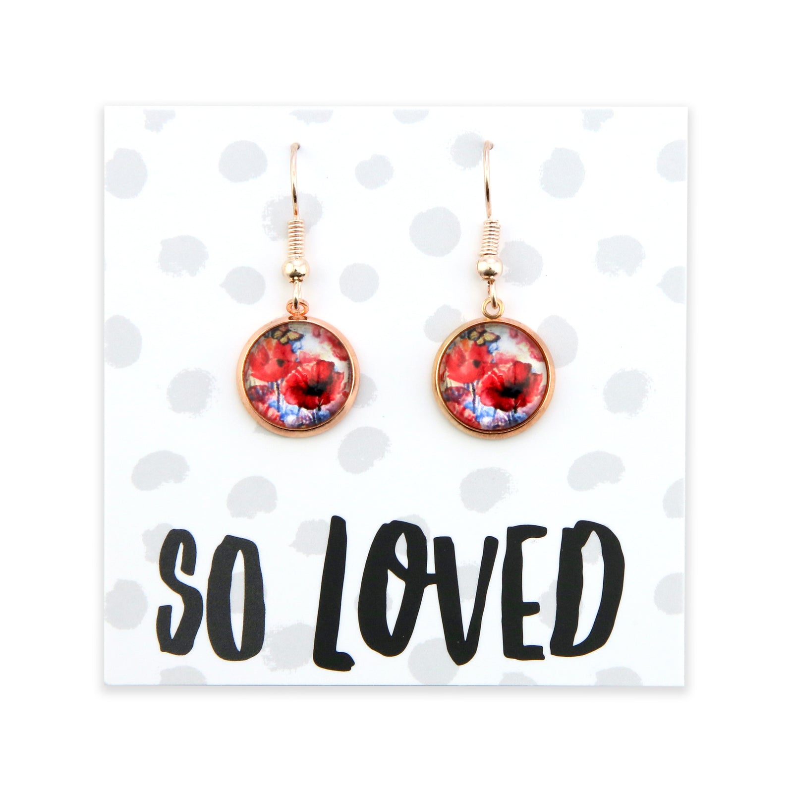 Pair of earrings with floral design on a 'So Loved' card