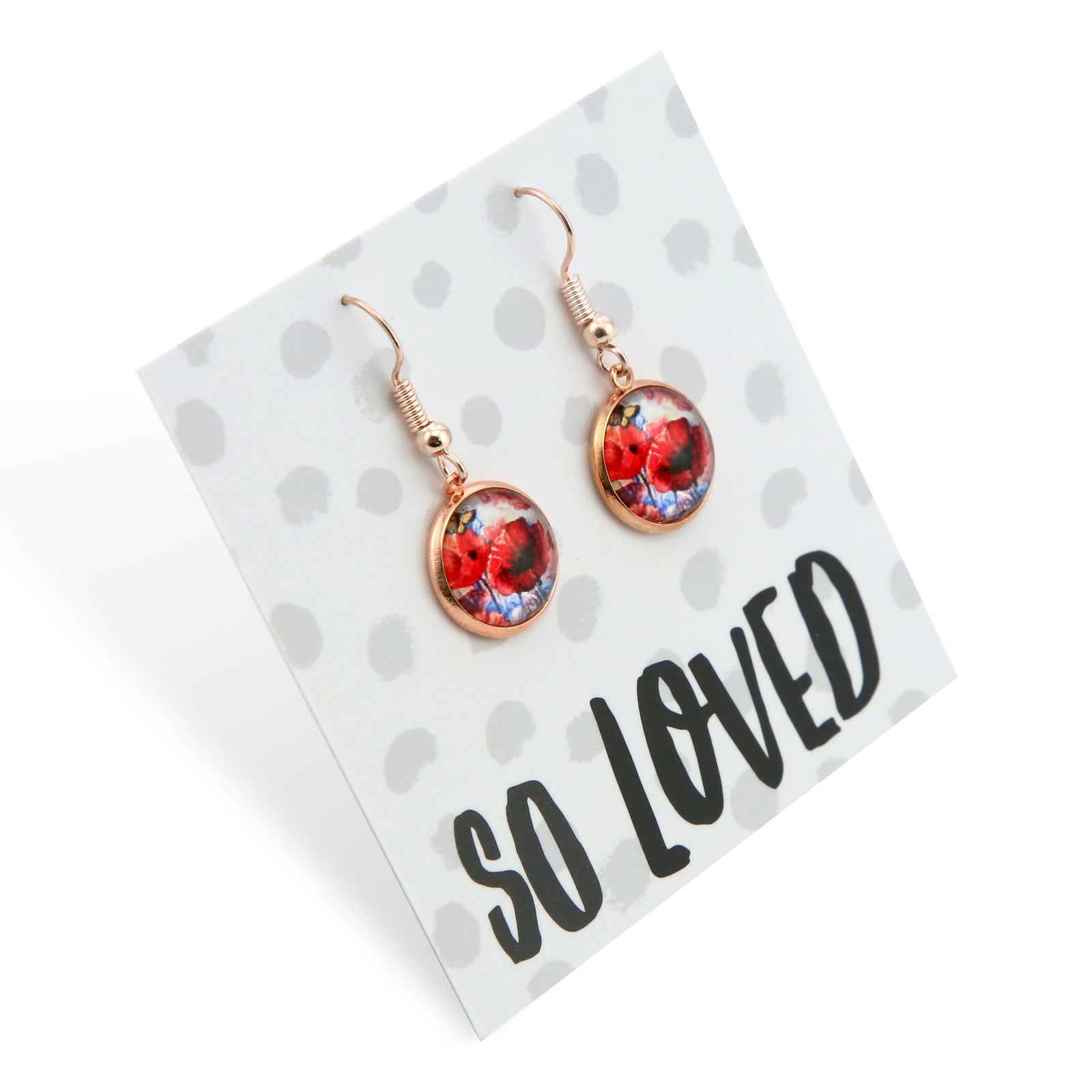 Pair of earrings with floral design on a 'So Loved' card