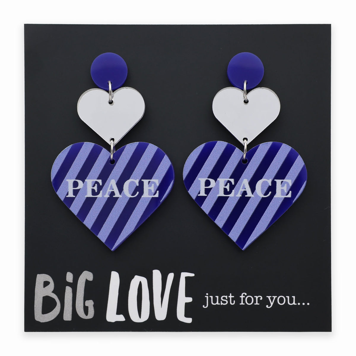 Heart-shaped earrings with blue and white design on a black card with 'Big Love just for you' text.