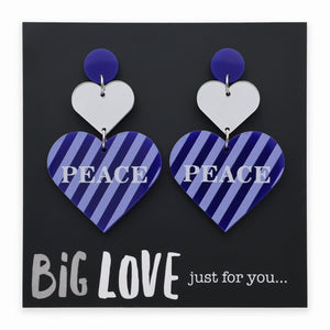 Heart-shaped earrings with blue and white design on a black card with 'Big Love just for you' text.