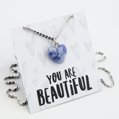 Sweetheart Stainless Steel Necklace - You Are Beautiful - Sodalite Heart (11334)