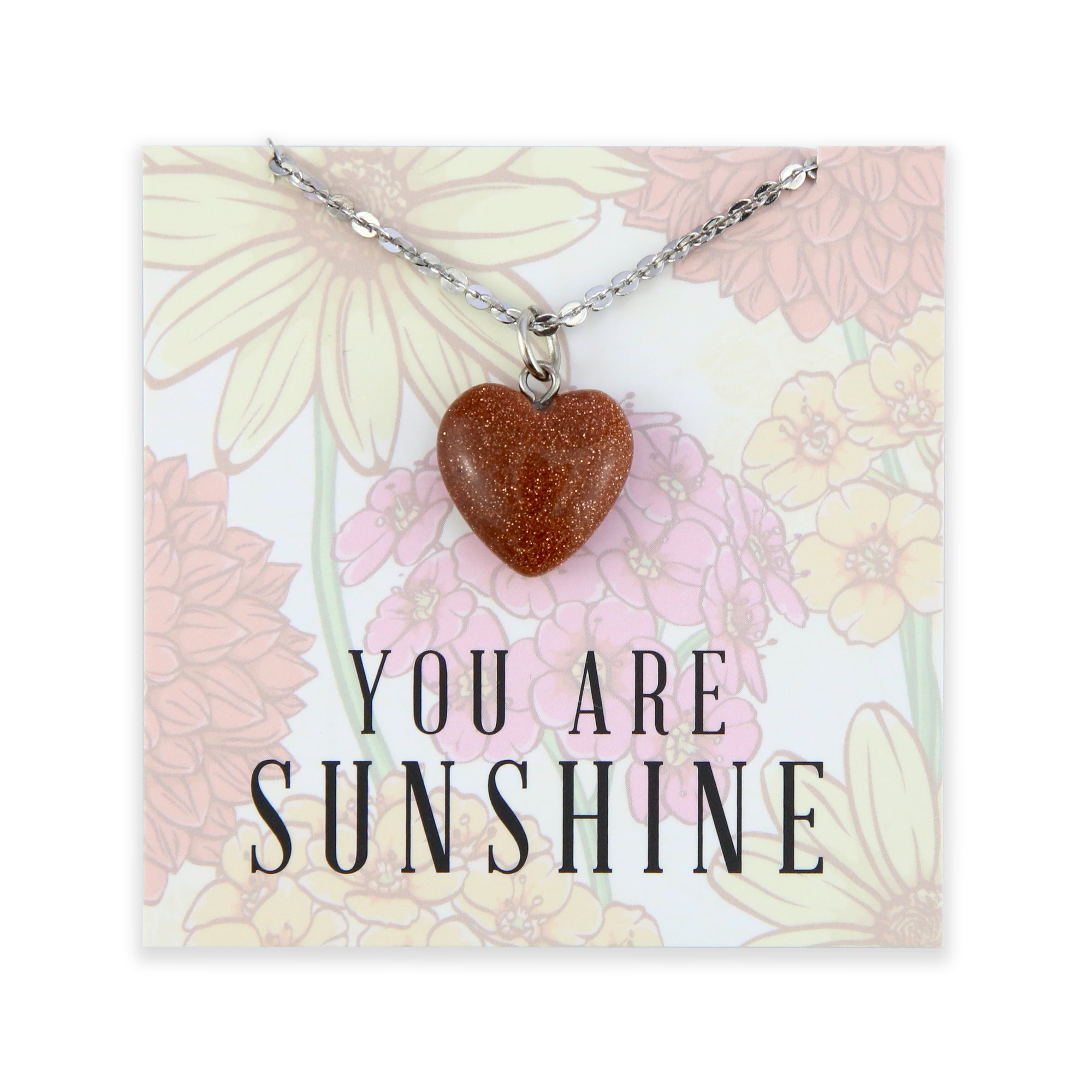 Sweetheart Stainless Steel Necklace - You Are Sunshine - Copper Sparkle Sandstone Heart (11423)