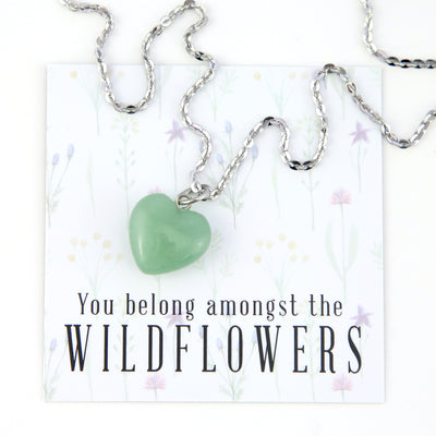 Sweetheart Stainless Steel Necklace - You Belong Amongst The Wildflowers - Green Aventurine Heart (11551)