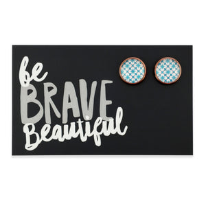 Teal print rose gold stud earrings on brave inspiring word card on white background.