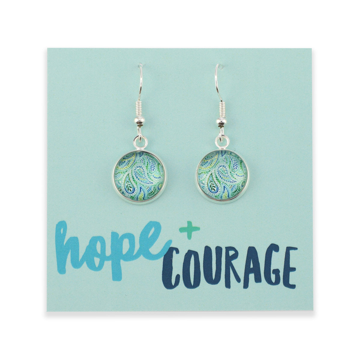 Teal print silver dangle earrings on hope and courage inspiring word card on white background.