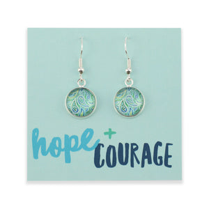 Teal print silver dangle earrings on hope and courage inspiring word card on white background.