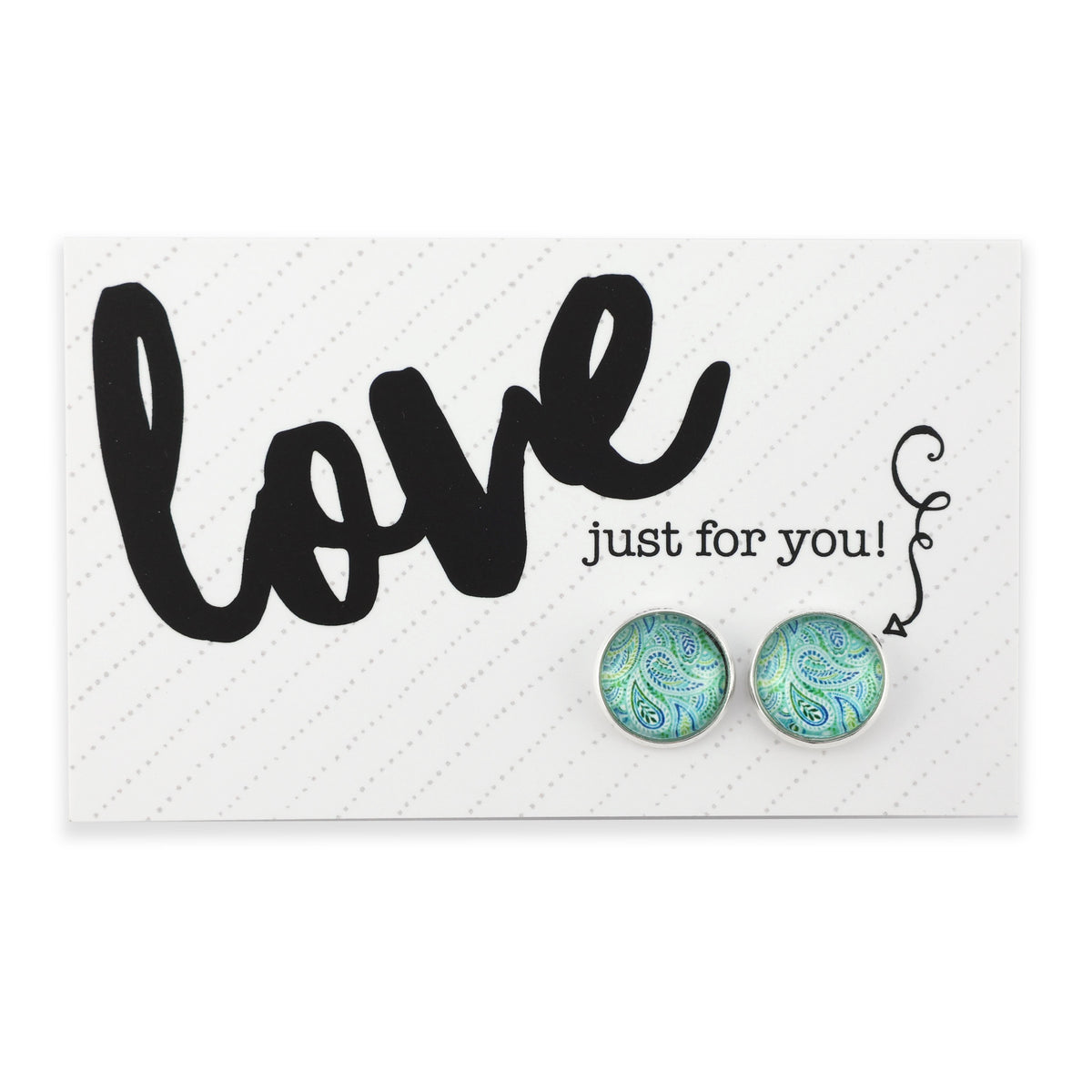 Teal print silver stud earrings on love and inspiring word card on white background.