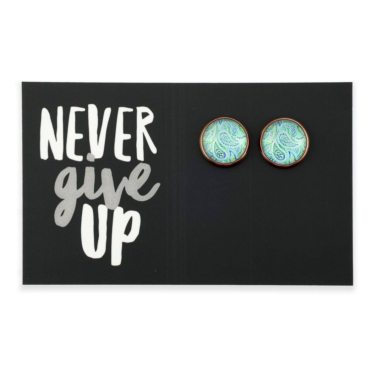 Teal print rose gold dangle earrings on love and inspiring word card on white background.