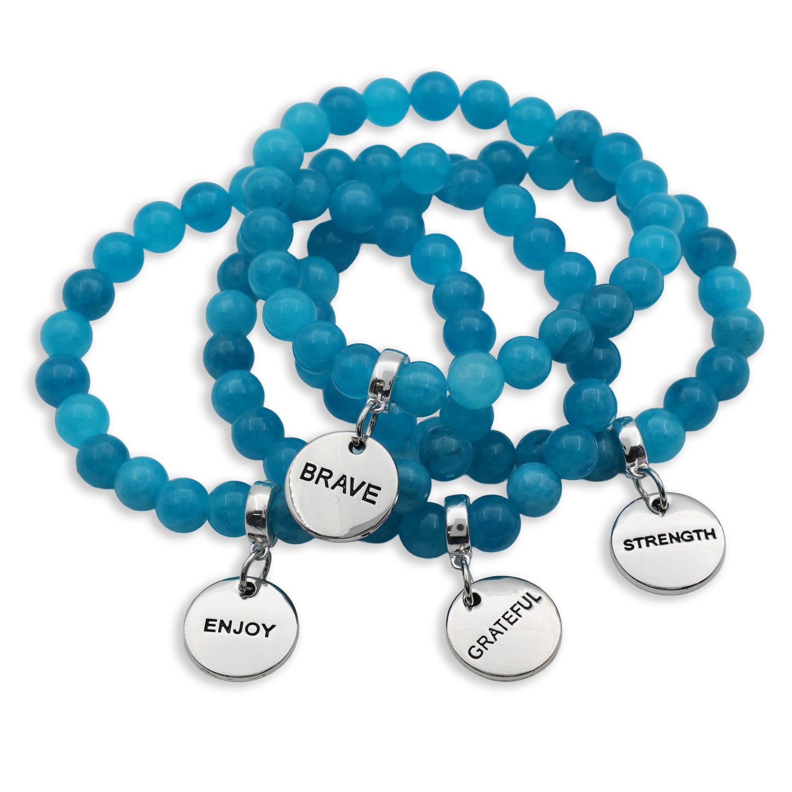 Blue beaded bracelets with motivational charms on a white background