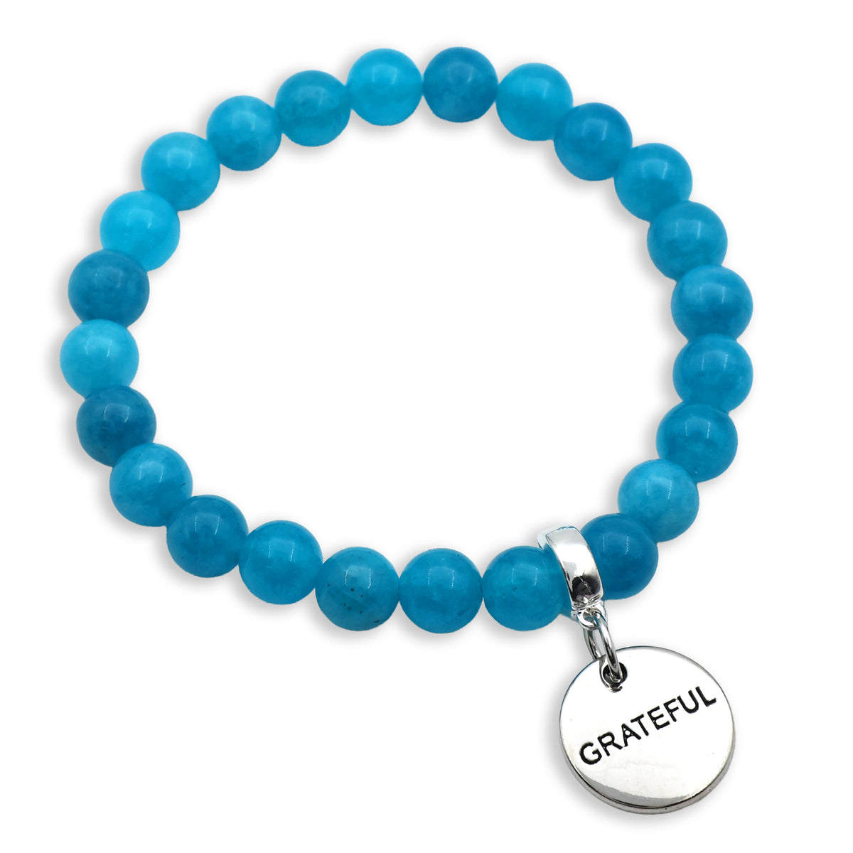 Blue beaded bracelet with a 'GRATEFUL' charm on a white background