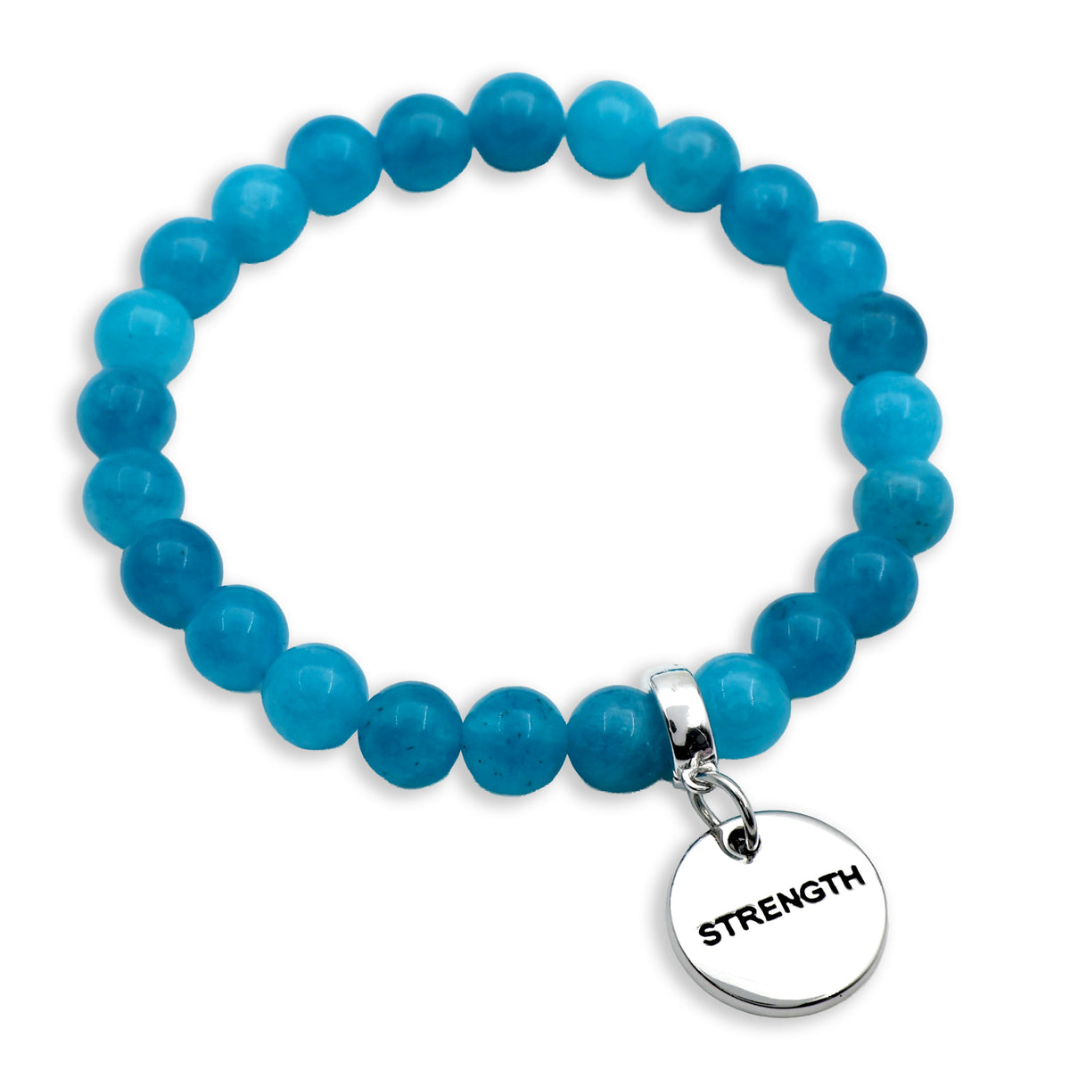 Blue beaded bracelet with a 'STRENGTH' charm on a white background