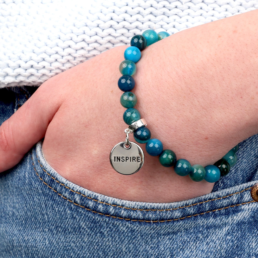 Stone Bracelet - TEAL STRIPED AGATE 8mm Beads - With Silver Charms