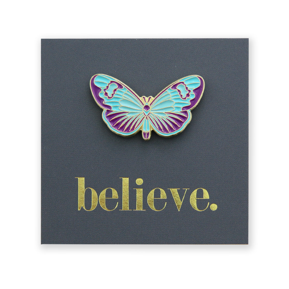Lovely Pins! Believe - Teal & Purple Butterfly Enamel Badge Pin - (10933)