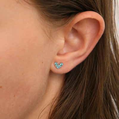 LOVE Just For You - Tiny Heart Studs - Sterling Silver with Aqua CZ (9101)