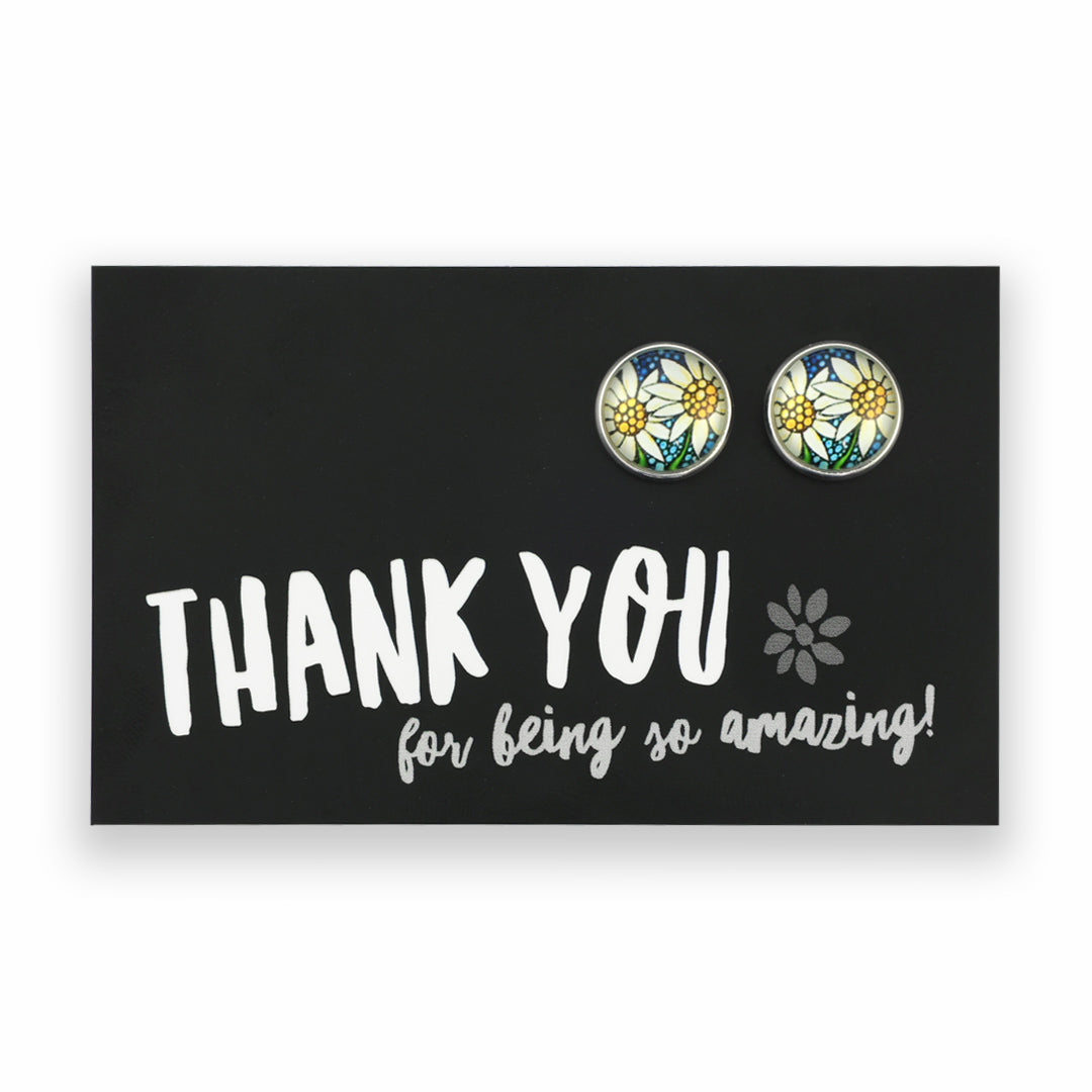 Floral earrings on a card with 'Thank you for being so amazing!' text