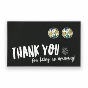 Floral earrings on a card with 'Thank you for being so amazing!' text