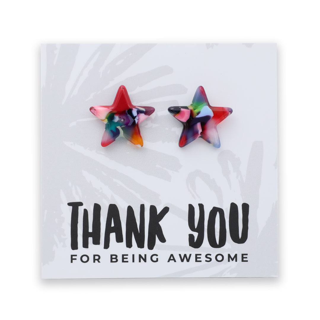 A pair of star-shaped stud earrings with a multicolor tie-dye pattern, displayed on a white card that reads 'THANK YOU FOR BEING AWESOME'.