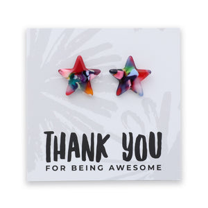 A pair of star-shaped stud earrings with a multicolor tie-dye pattern, displayed on a white card that reads 'THANK YOU FOR BEING AWESOME'.