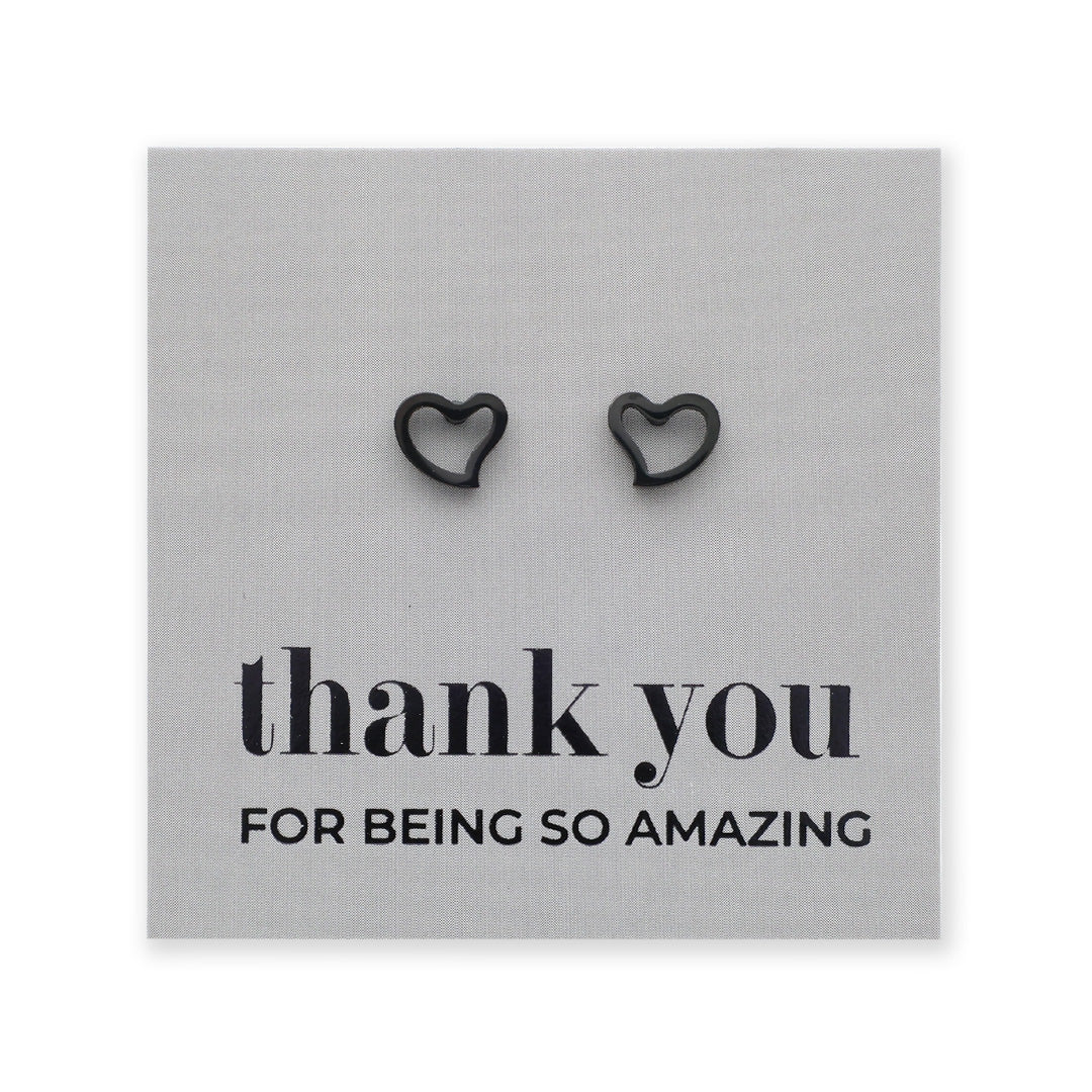 Heart-shaped earrings on a card with 'thank you for being so amazing' text